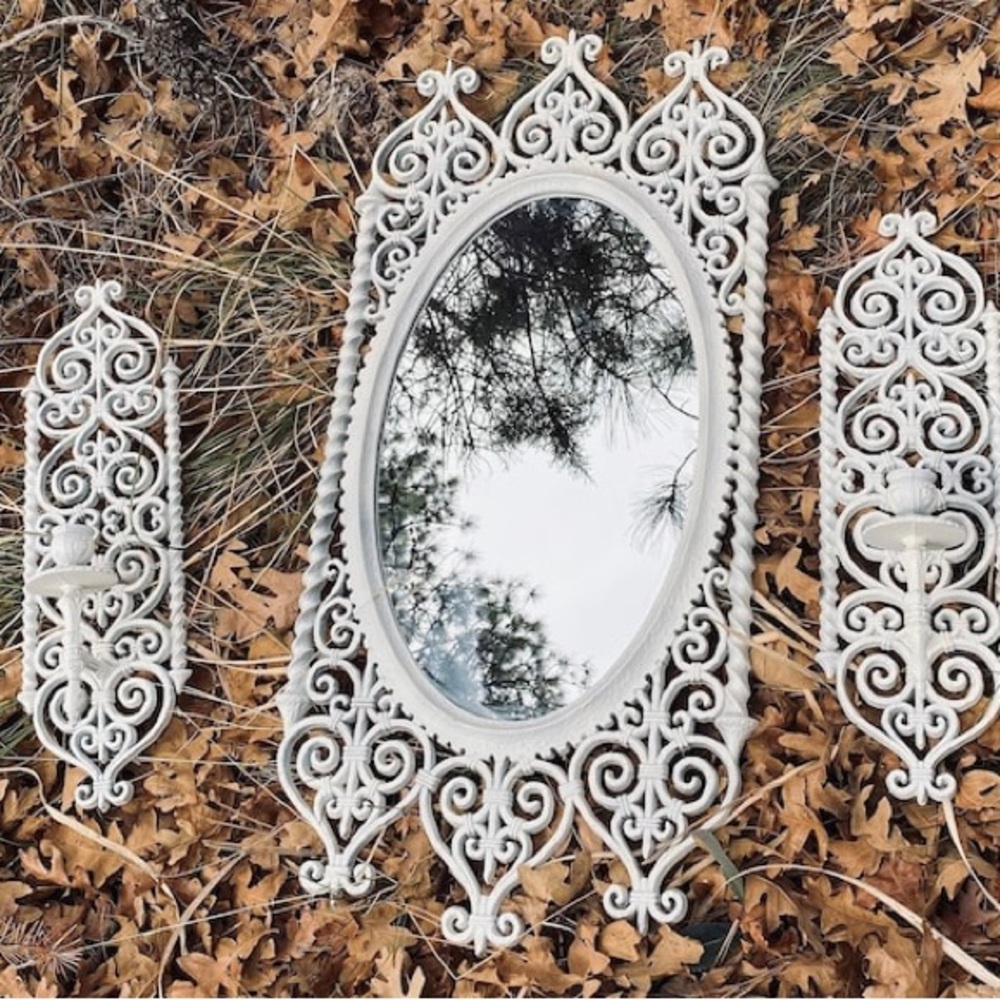 Vintage White Syrocco Mirror and Candle Set